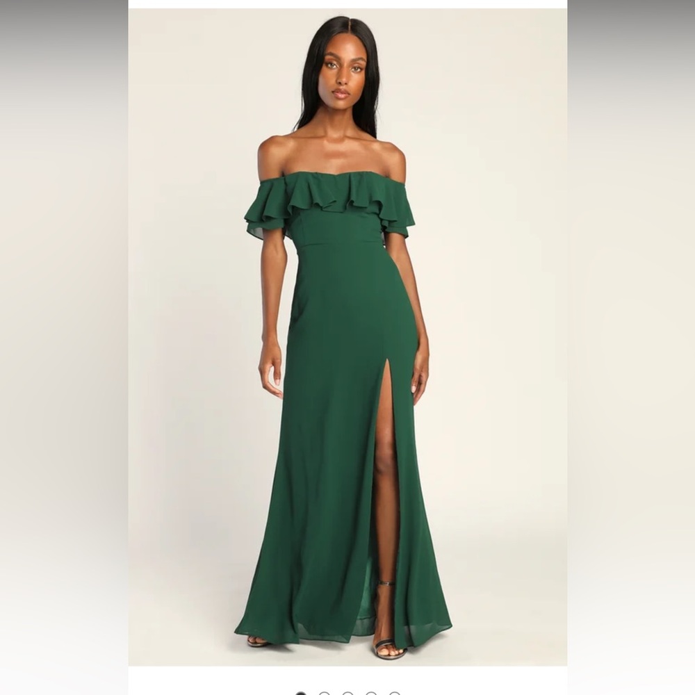 Lulu’s Enchanting Endeavor Green Ruffled Off-the-Shoulder Maxi Dress | XL